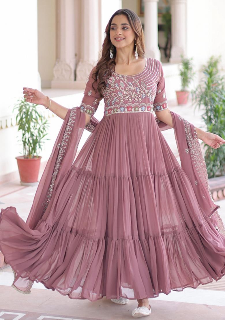 Peach Resham Embroidery Georgette Kurta With Dupatta - Indya