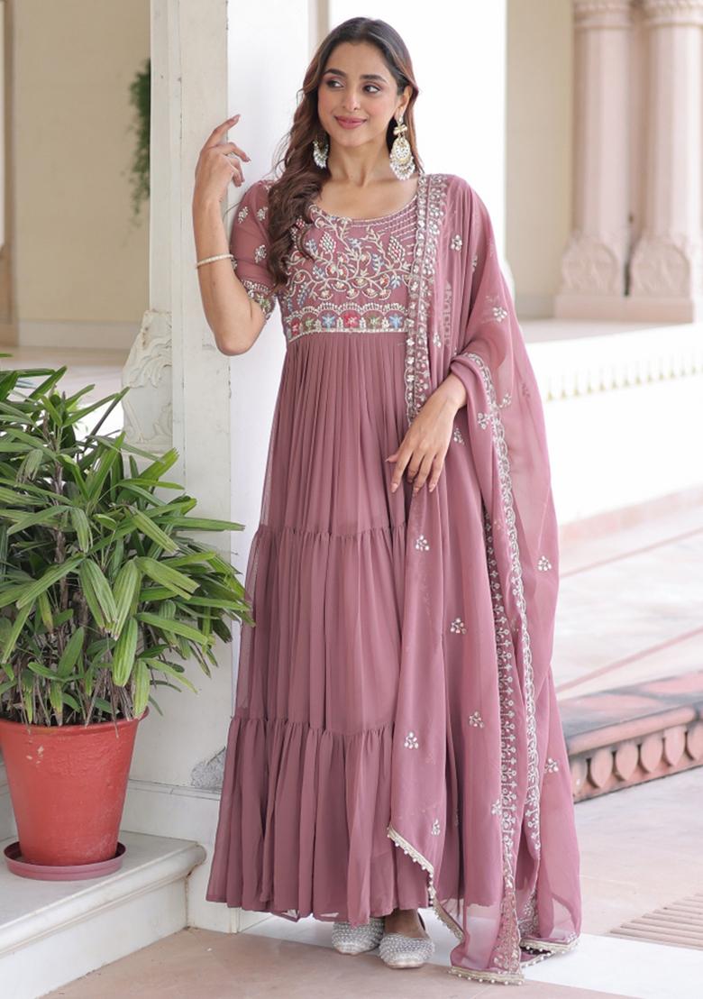 Peach Resham Embroidery Georgette Kurta With Dupatta - Indya
