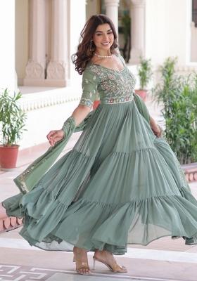 Green Resham Embroidery Georgette Kurta With Dupatta