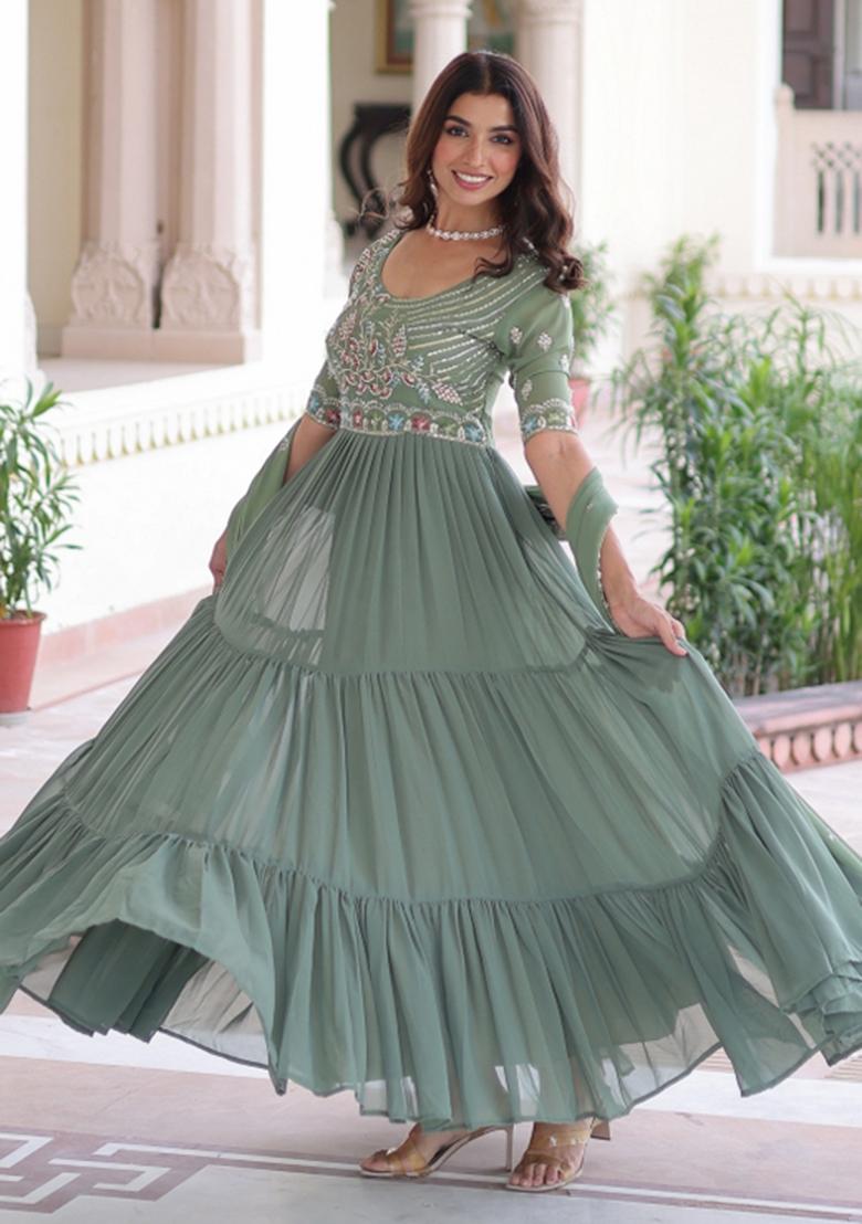 Green Resham Embroidery Georgette Kurta With Dupatta - Indya