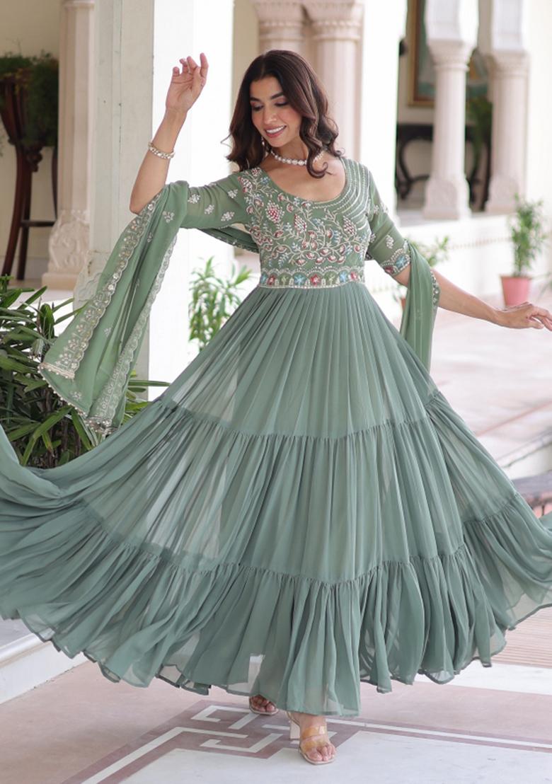 Green Resham Embroidery Georgette Kurta With Dupatta - Indya