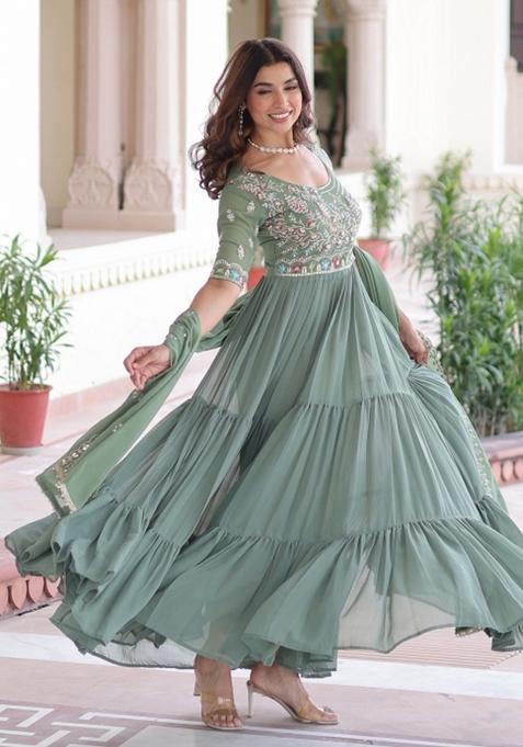 Green Resham Embroidery Georgette Kurta With Dupatta