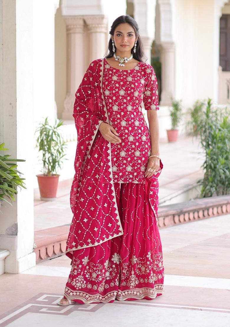 Pink Resham Embroidery Georgette Kurta Set - Indya