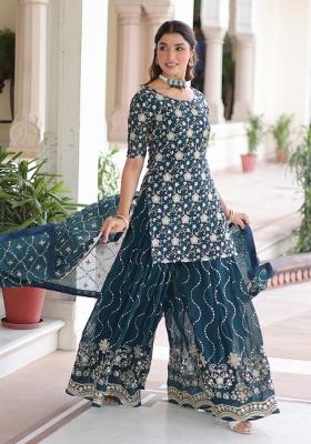 Green Resham Embroidery Georgette Kurta Set