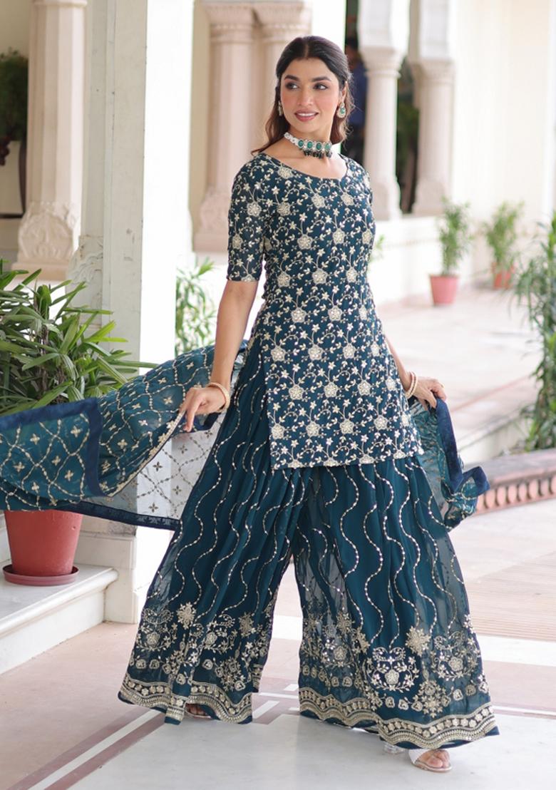 Green Resham Embroidery Georgette Kurta Set - Indya