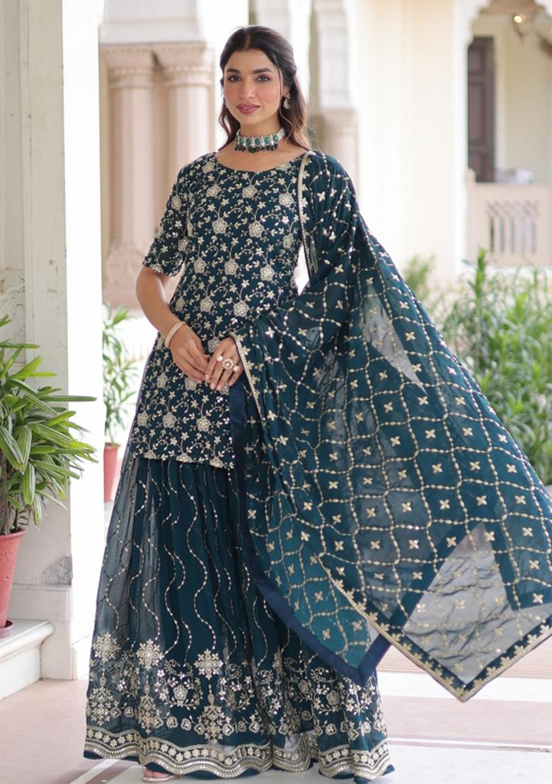 Green Resham Embroidery Georgette Kurta Set - Indya