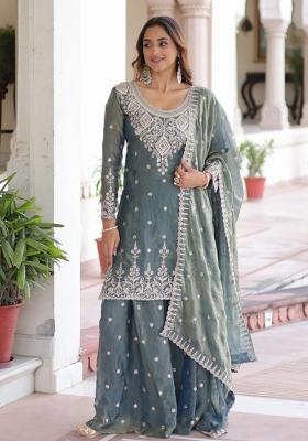 Sky Blue Resham Embroidery Art Silk Kurta Set