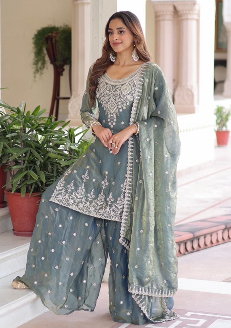 Sky Blue Resham Embroidery Art Silk Kurta Set - Indya