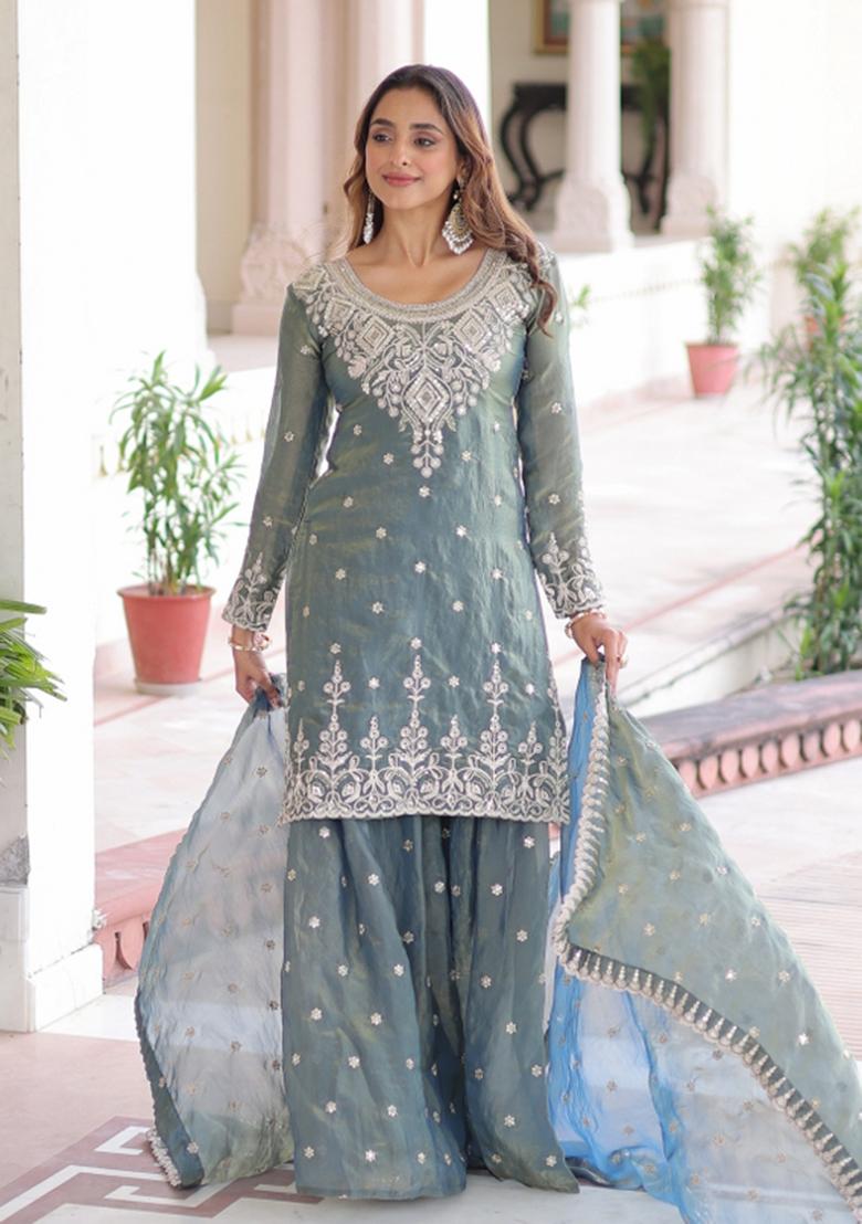 Sky Blue Resham Embroidery Art Silk Kurta Set - Indya