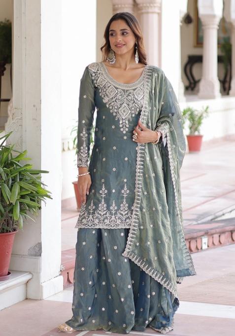 Sky Blue Resham Embroidery Art Silk Kurta Set