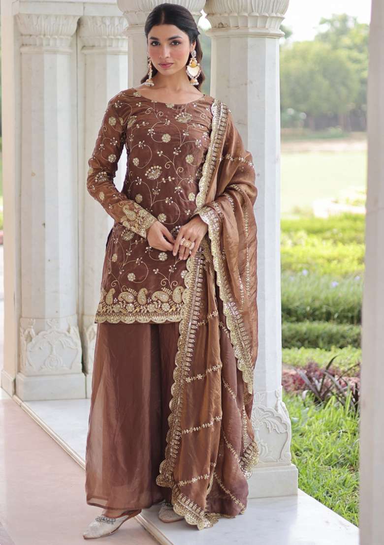 Coffee Embroidered Silk Sharara Set - Indya