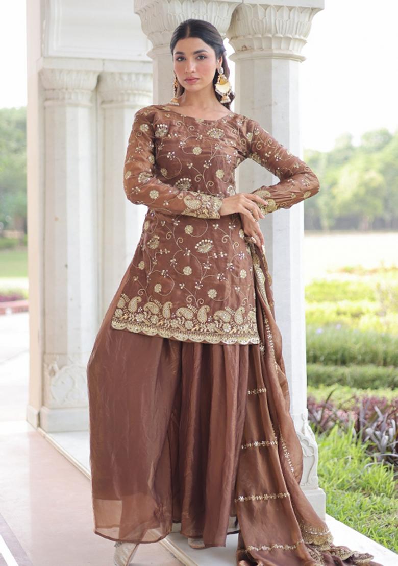 Coffee Resham Embroidery Art Silk Kurta Set - Indya