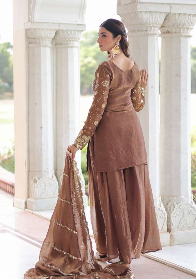Coffee Embroidered Silk Sharara Set - Indya