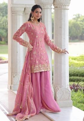 Pink Resham Embroidery Art Silk Kurta Set