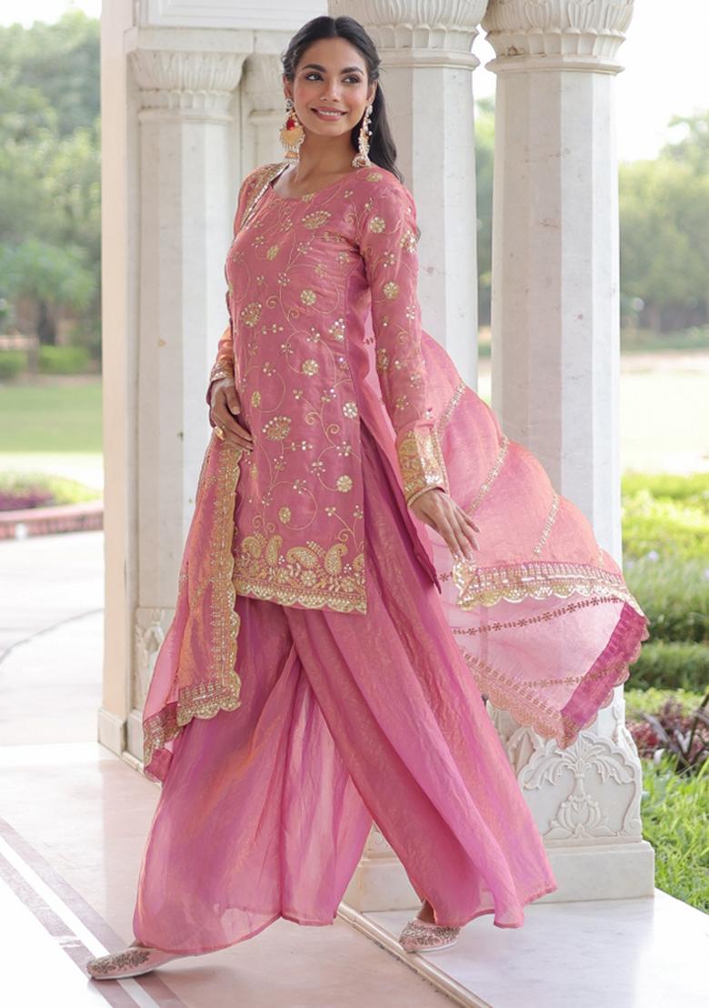 Pink Resham Embroidery Art Silk Kurta Set - Indya