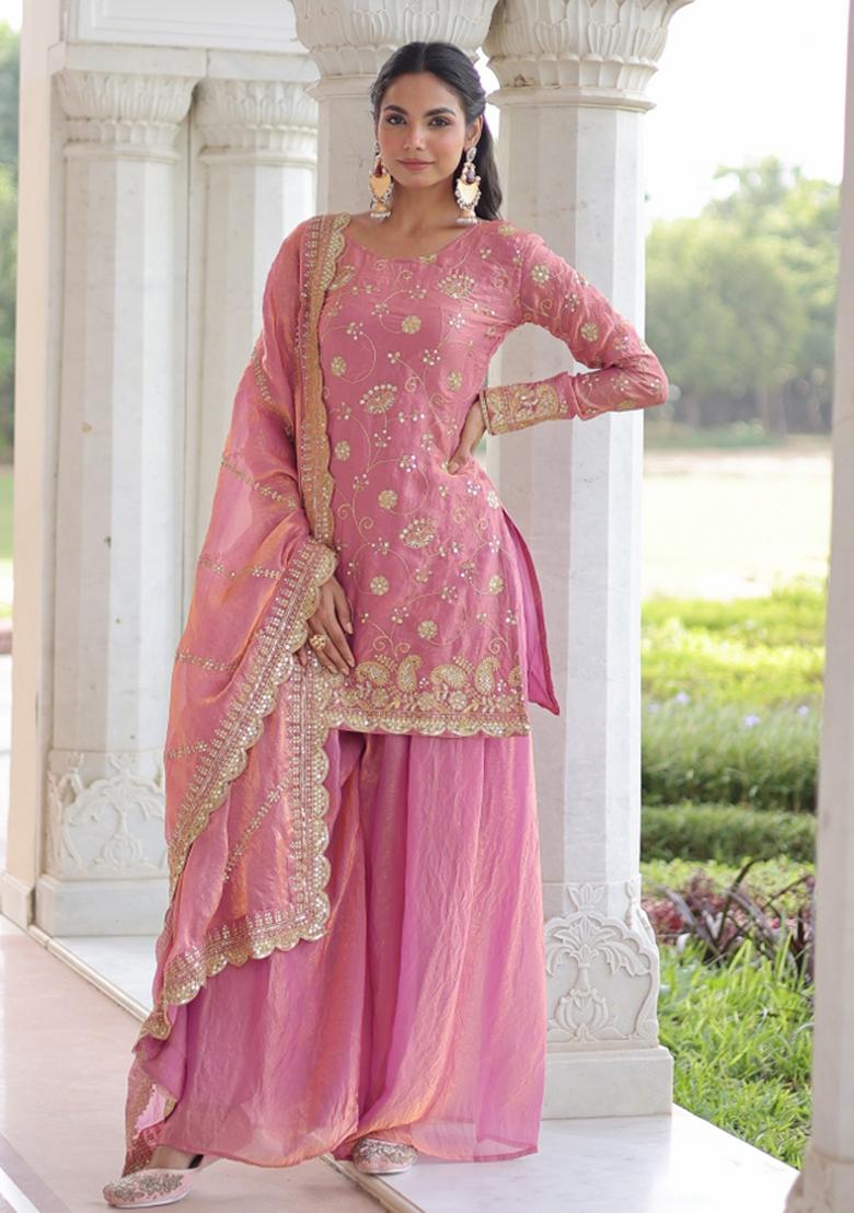Pink Resham Embroidery Art Silk Kurta Set - Indya