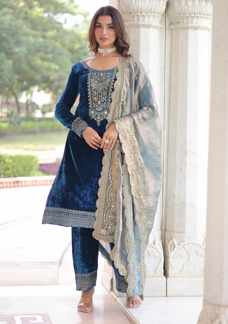 Blue Resham Embroidery Velvet Kurta Set - Indya