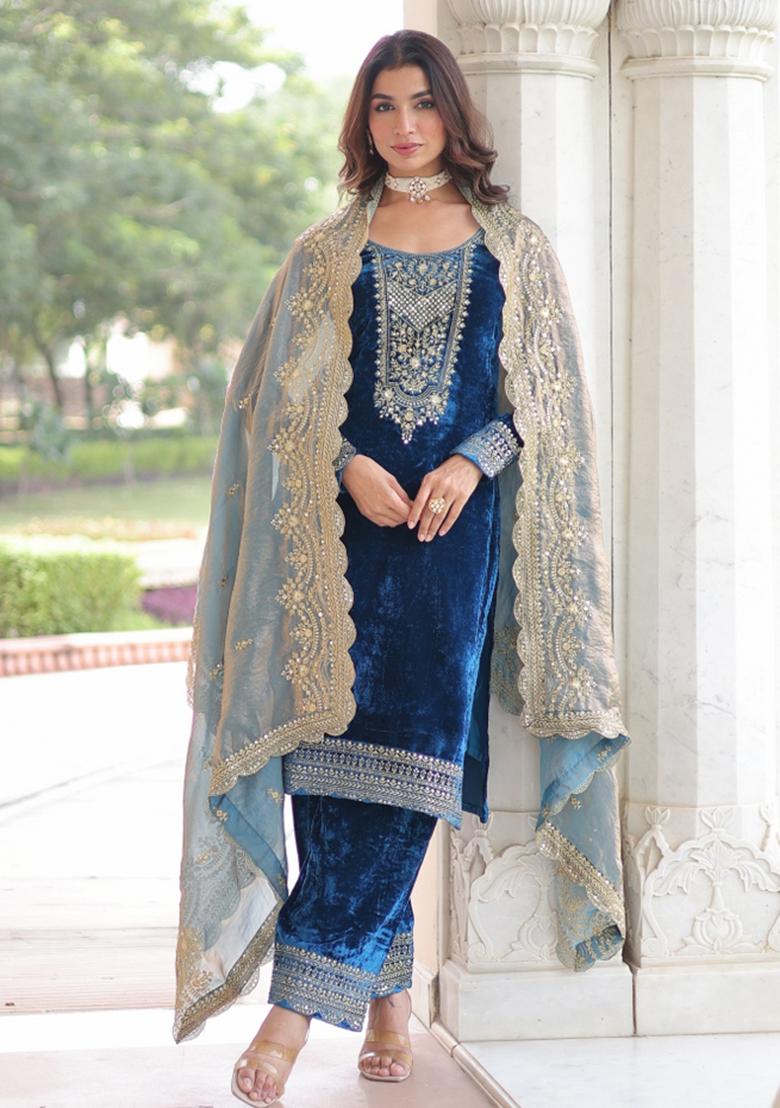 Blue Resham Embroidery Velvet Kurta Set - Indya
