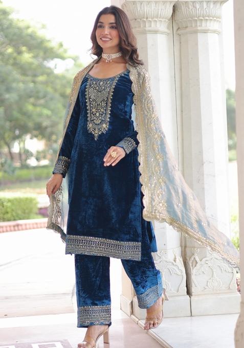 Blue Resham Embroidery Velvet Kurta Set