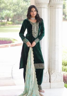 Green Resham Embroidery Velvet Kurta Set