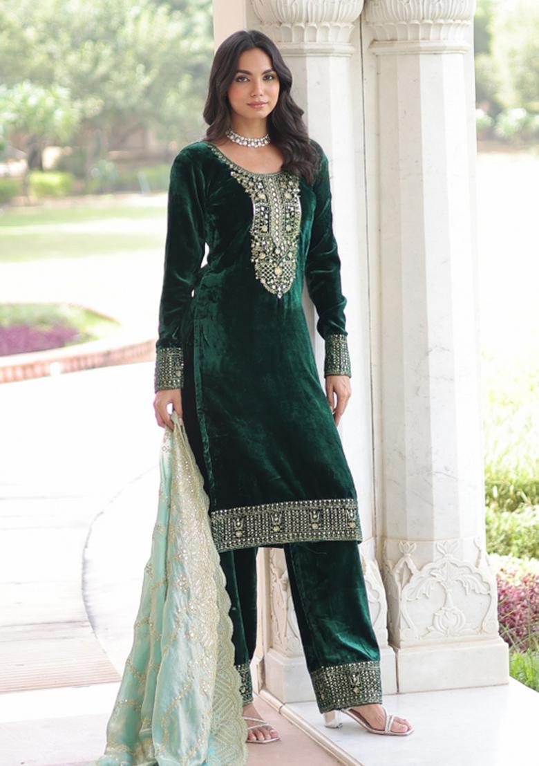 Green Resham Embroidery Velvet Kurta Set - Indya