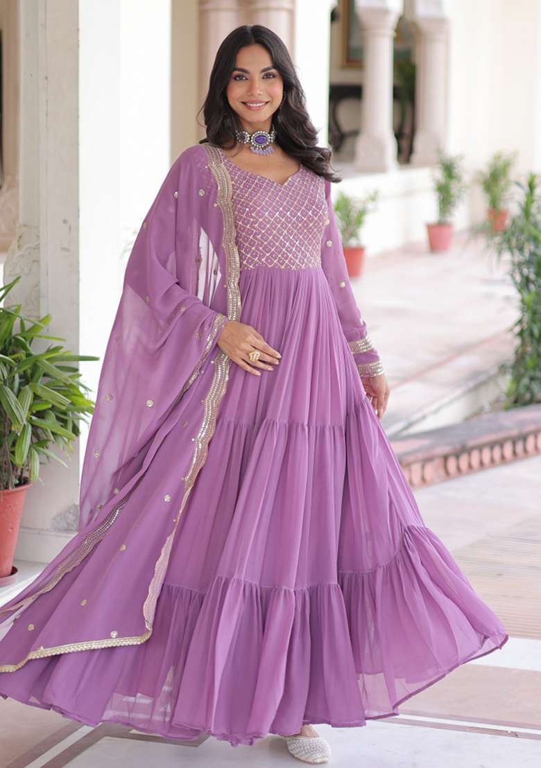Purple Embroidered Georgette Anarkali Set - Indya