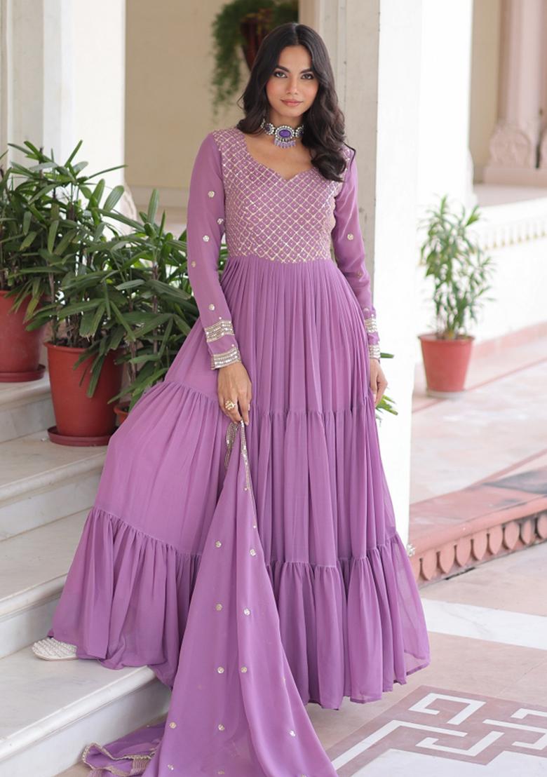 Purple Resham Embroidery Georgette Gown With Dupatta - Indya
