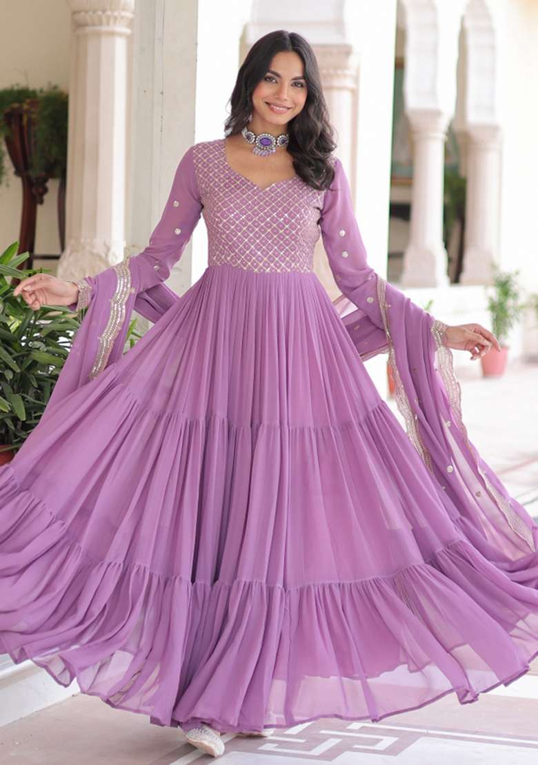 Purple Embroidered Georgette Anarkali Set - Indya