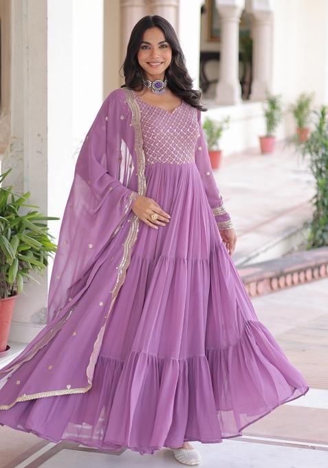 Purple Resham Embroidery Georgette Gown With Dupatta