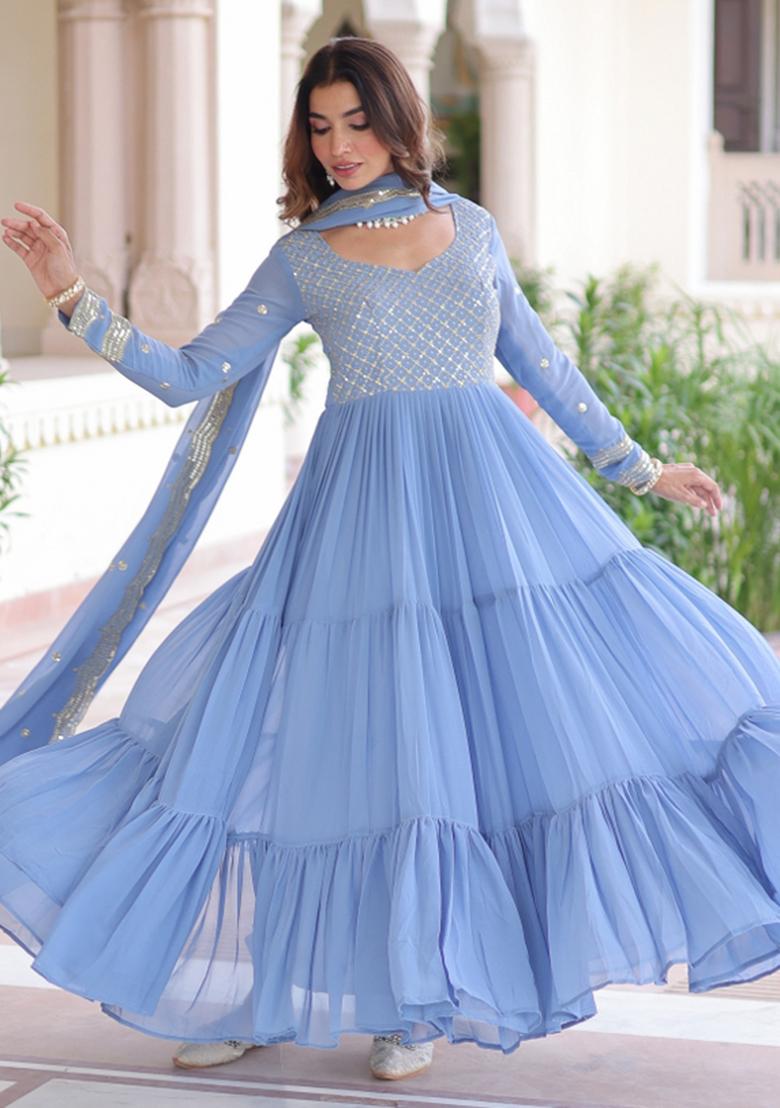 Sky Blue Resham Embroidery Georgette Gown With Dupatta - Indya
