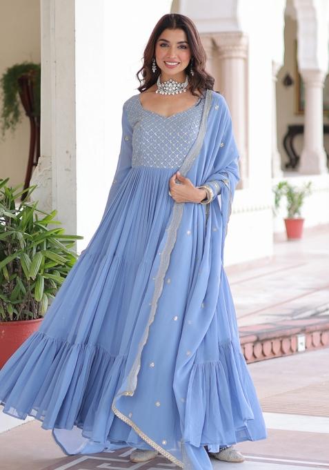 Sky Blue Resham Embroidery Georgette Gown With Dupatta