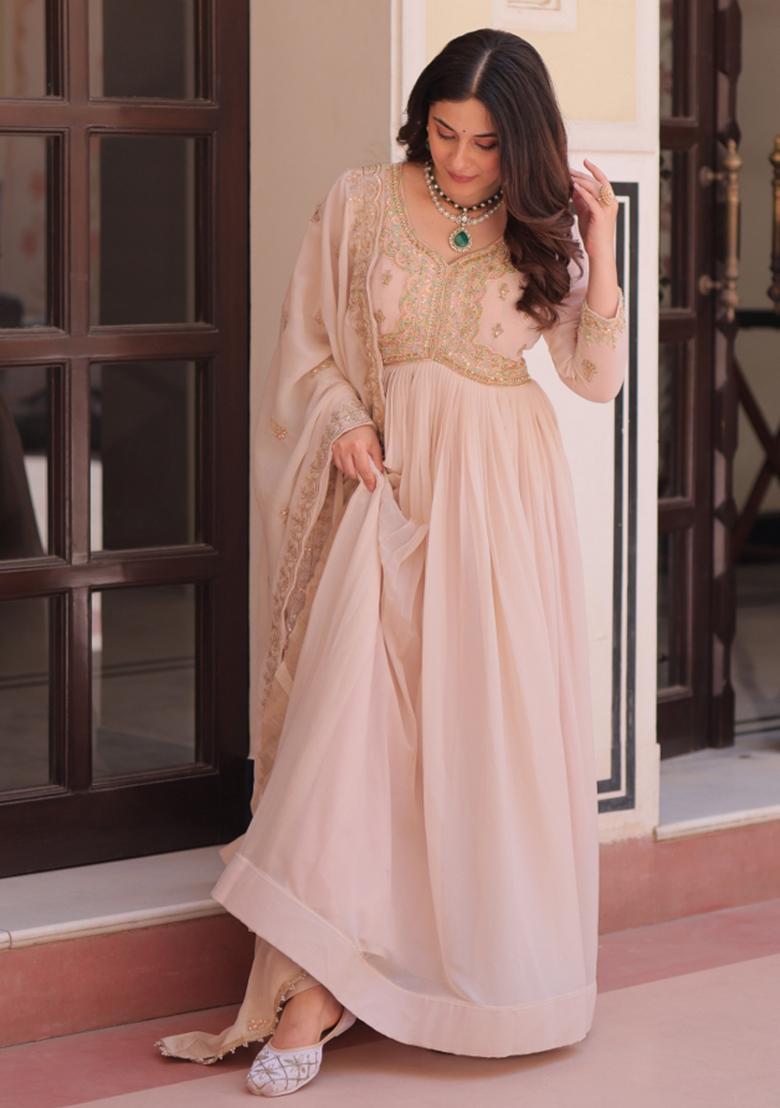 Brown Resham Embroidery Georgette Gown With Dupatta - Indya