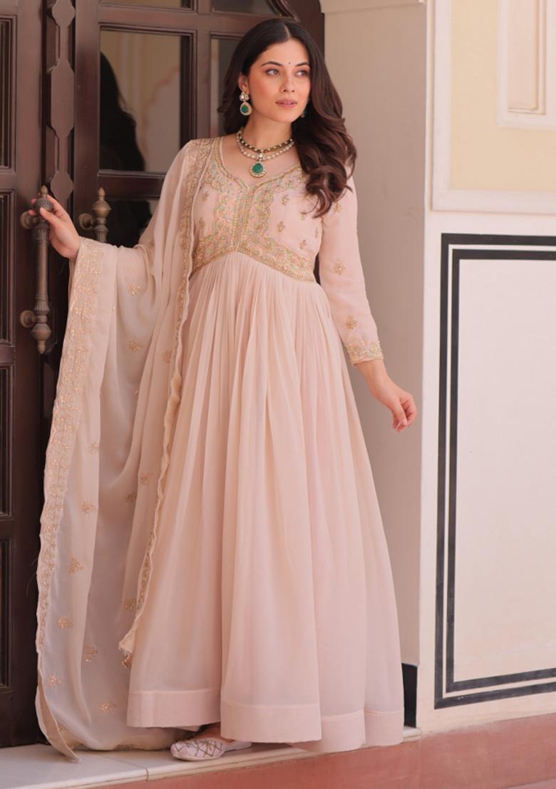 Brown Resham Embroidery Georgette Gown With Dupatta - Indya