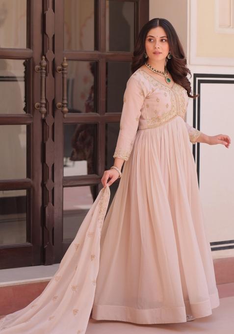 Brown Resham Embroidery Georgette Gown With Dupatta