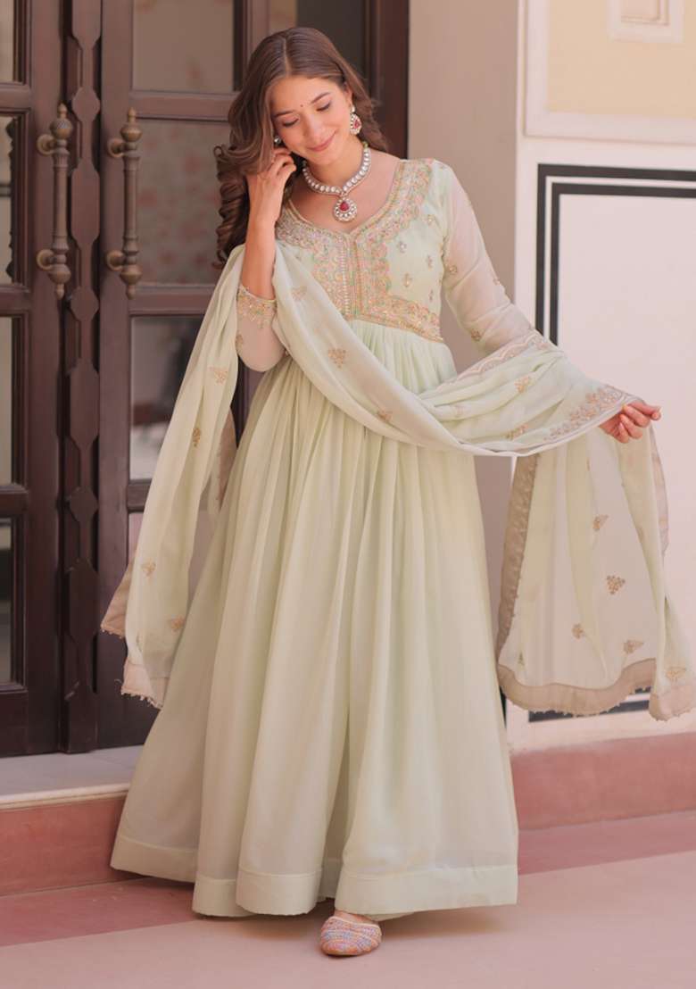 Green Embroidered Georgette Anarkali Set - Indya