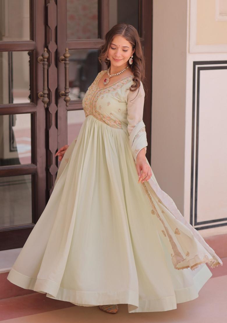 Green Resham Embroidery Georgette Gown With Dupatta - Indya