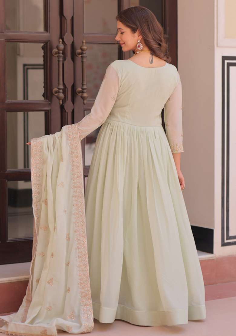 Green Embroidered Georgette Anarkali Set - Indya
