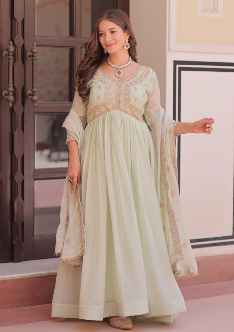 Green Resham Embroidery Georgette Gown With Dupatta - Indya