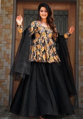 Black Abstract Print Art Silk Kurta Set