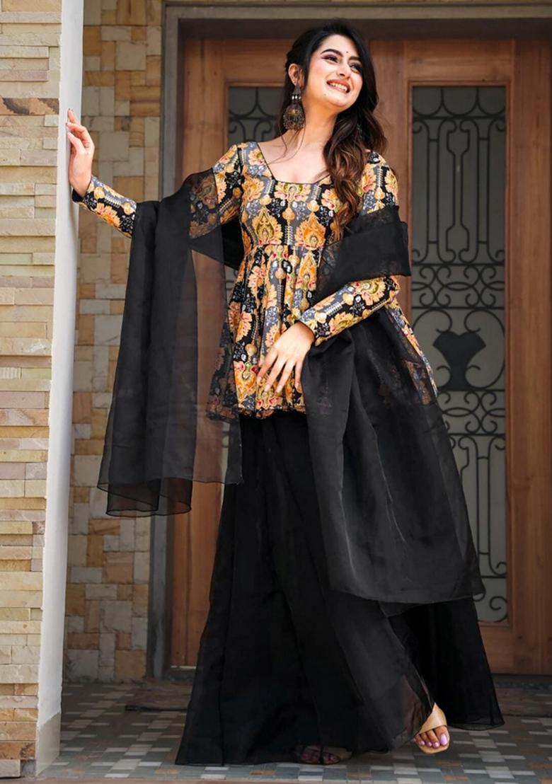 Black Abstract Print Art Silk Kurta Set - Indya