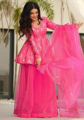 Pink Abstract Print Art Silk Kurta Set