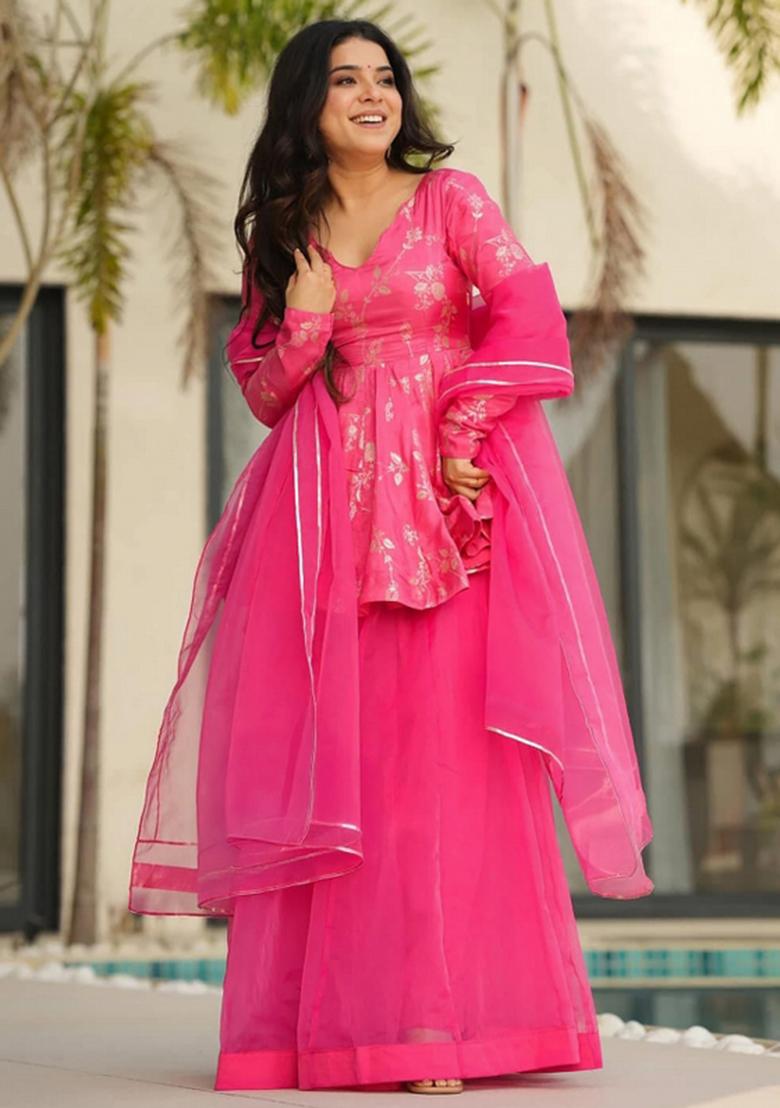 Pink Abstract Print Art Silk Kurta Set - Indya