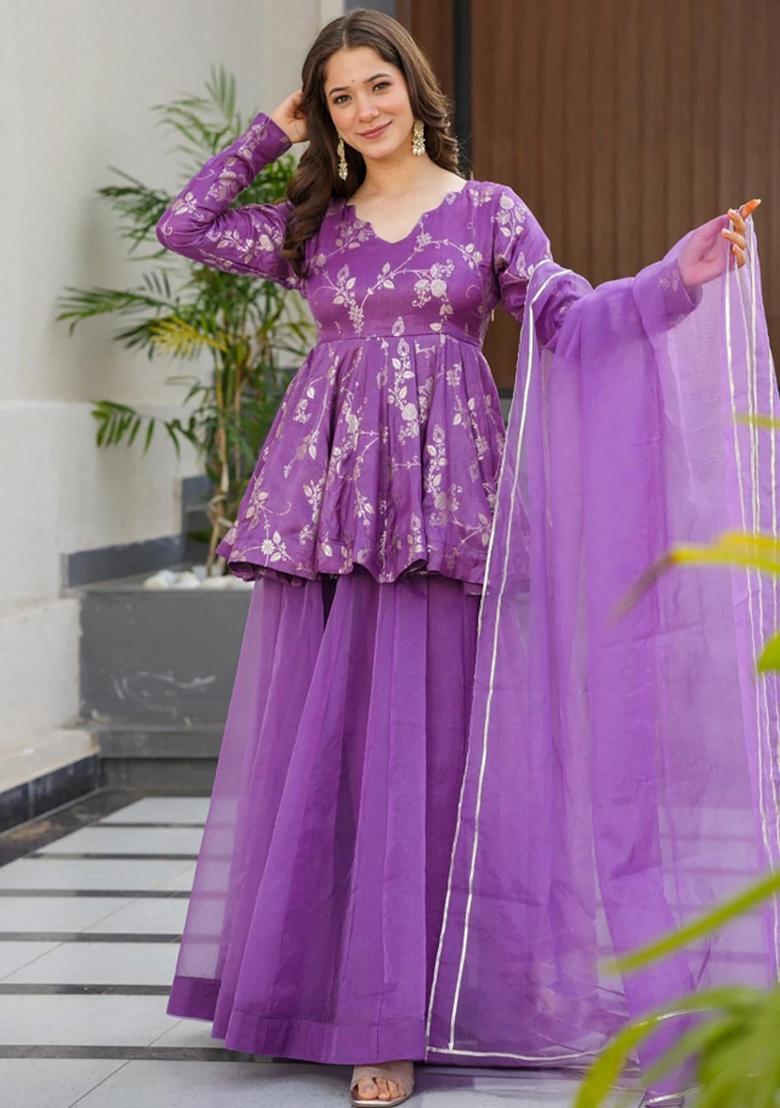 Purple Abstract Print Art Silk Kurta Set - Indya