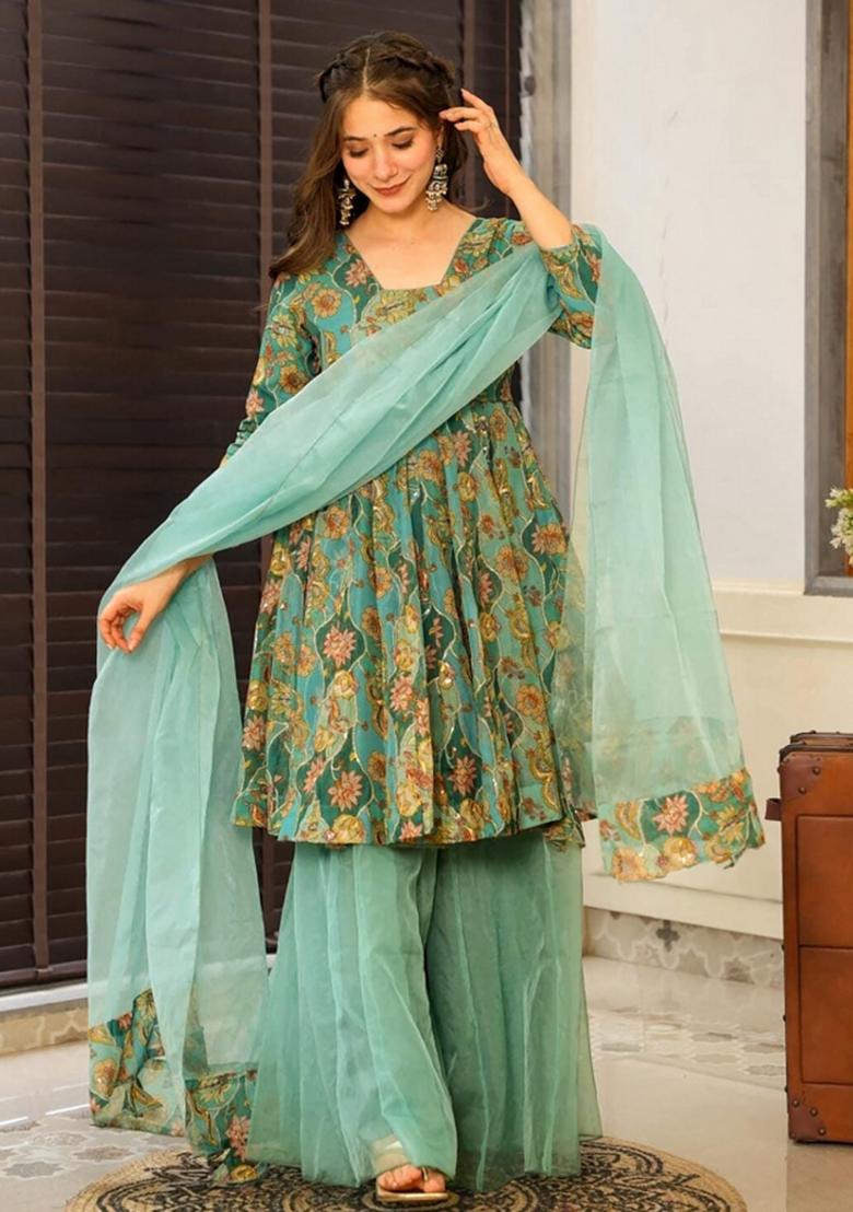 Green Abstract Print Art Silk Kurta Set - Indya