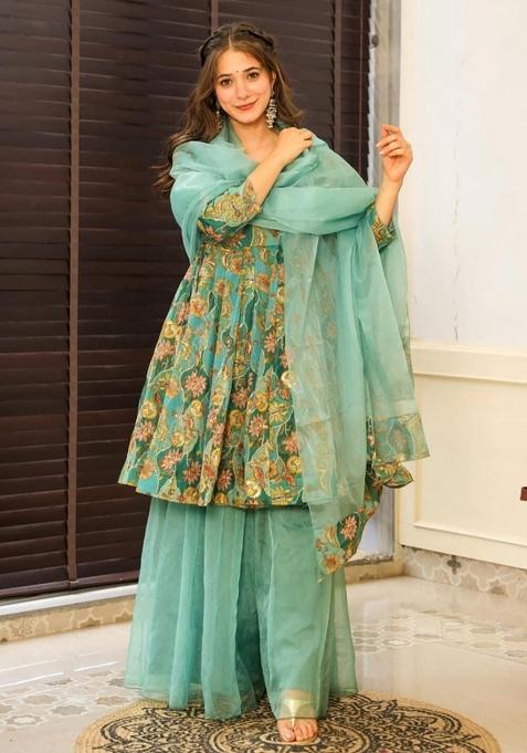 Green Abstract Print Art Silk Kurta Set