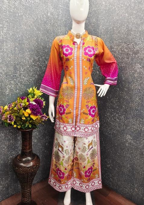 Orange Abstract Print Rayon Kurta Set