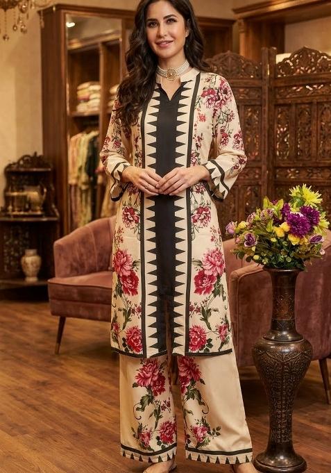 Peach Abstract Print Rayon Kurta Set