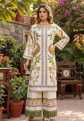 Off White Abstract Print Rayon Kurta Set