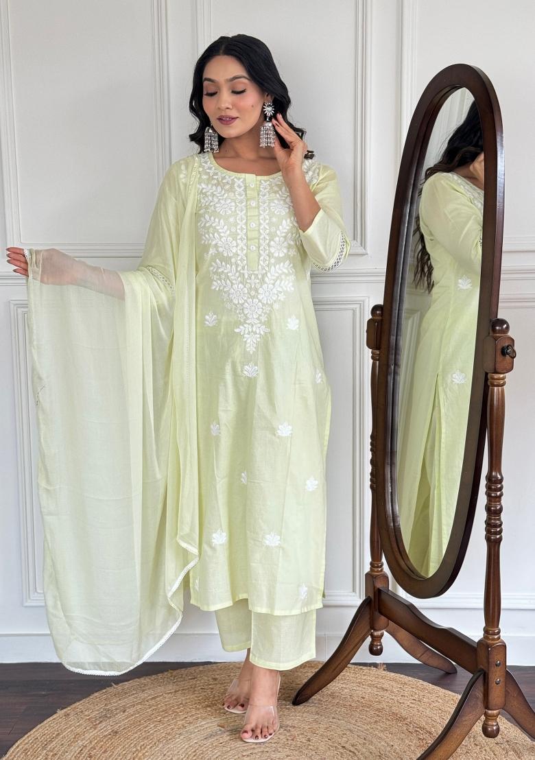 Yellow Resham Embroidery Cotton Kurta Set - Indya
