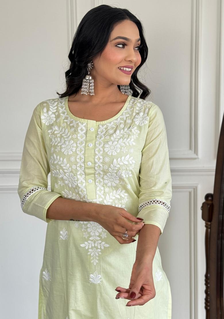 Yellow Resham Embroidery Cotton Kurta Set - Indya